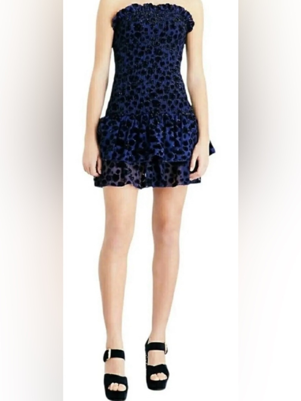 Maje Navy Blue Strapless Ruffle Mini Dress